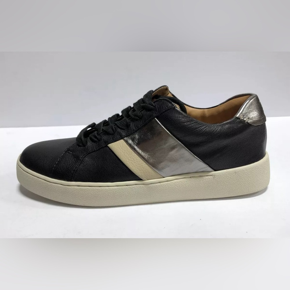 Women's Black Leather Low-Top Sneaker with Metallic Accent